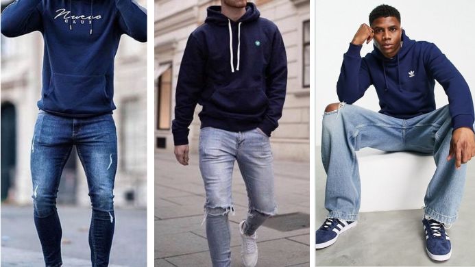 Navy Hoodie with blue jeans